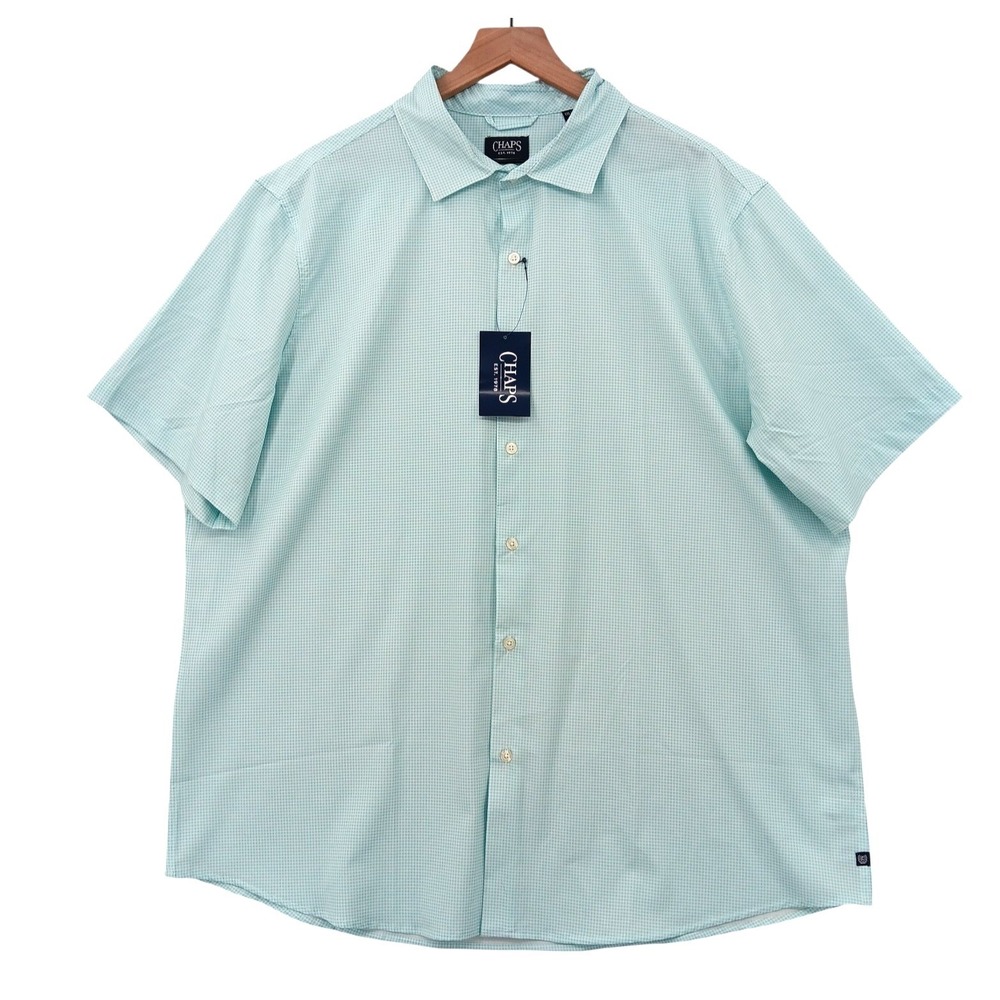 Chaps Shirt Mens 2XL Sea Blue Check‎ Stretch Lightweight Short Sleeve 54x32 NEW